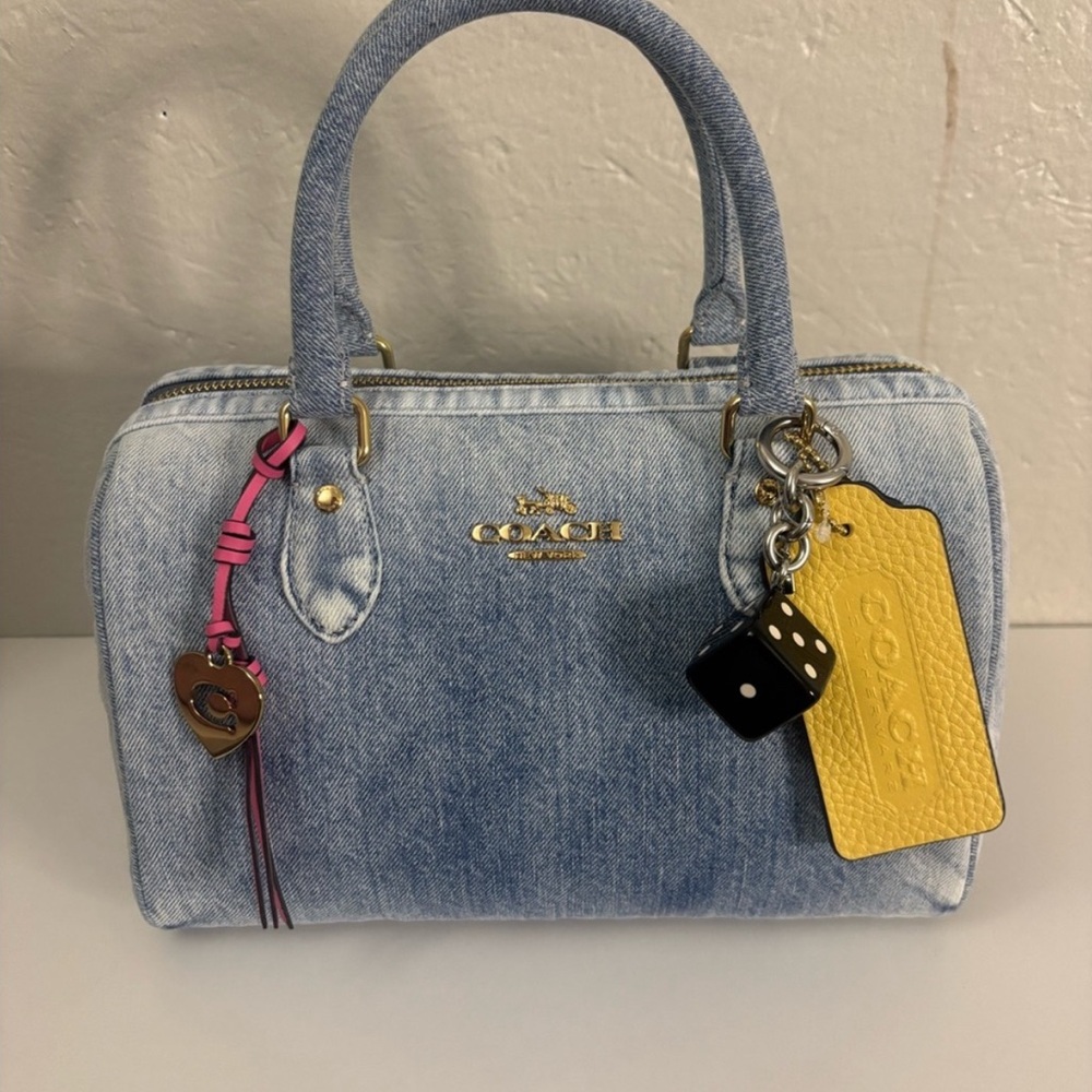 COACH Loved Denim Medium Rowan Satchel Bag with Pink Tassel Charm - Picture 2 of 5